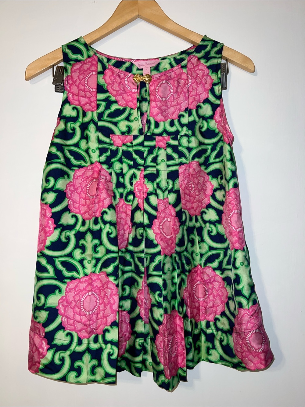 Lilly Pulitzer Pink Floral Print Tank with Green & Navy 100% silk Pattern